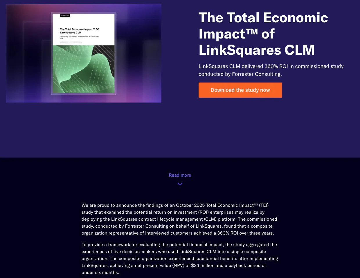 Forrester Total Economic Impact study of LinkSquares CLM showing a 360% three-year ROI, a net present value of $2.1 million and payback in under six months