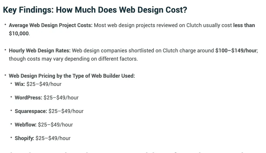 Clutch key findings on web design project cost and hourly rates