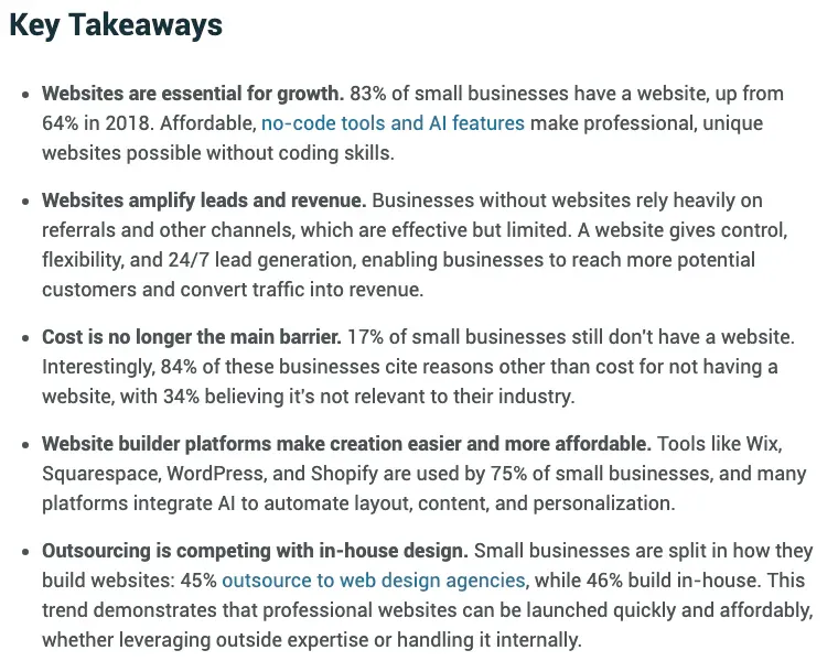 Clutch key takeaways on how small businesses build their websites, including the agency and in-house split