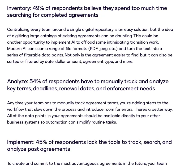 Deloitte findings on agreement management: 49% spend too much time searching for agreements, 54% track terms and renewal dates by hand, 45% lack tools to search past agreements